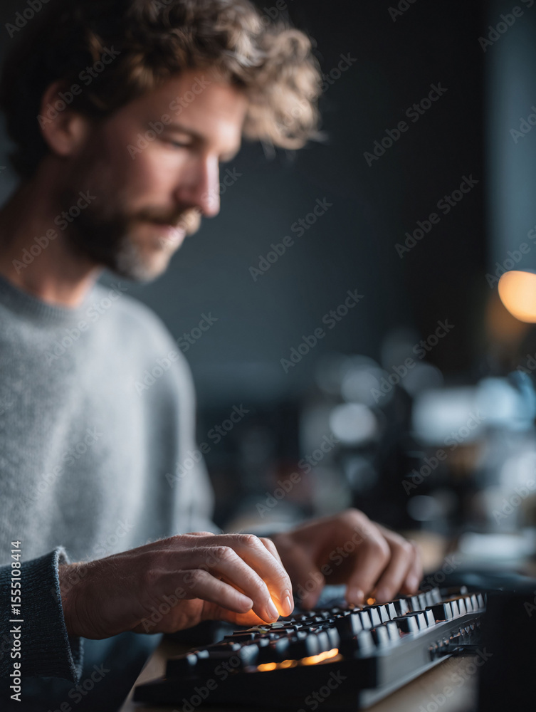 Poster a man types on a backlit keyboard, symbolizing focus and digital creativity. ideal for illustrating 