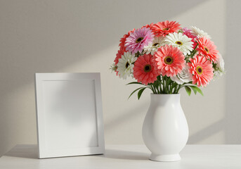 Still life featuring a vase with gerbera flowers and a blank white picture frame on a white surface