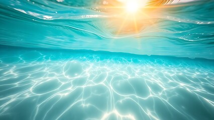Turquoise ocean waves glisten under golden sunlight, revealing white sand with distant palm tree silhouettes in a tropical scene.