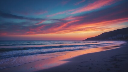 Fototapeta premium Sunset over the beach with colorful sky, ocean waves, and silhouette of the coast at dusk. Nature and scenery, peaceful and serene environment.