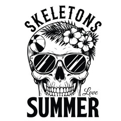 Fototapeta premium Black and white illustration of a skull with sunglasses and tropical flowers enjoying summer funny t shirt design