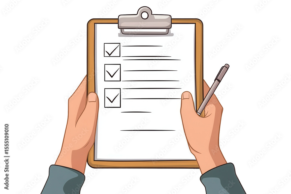Poster checklist form held by hands with a pen, indicating task completion in an organizational setting dur