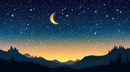 Fototapeta premium Tranquil Nightscape: A captivating illustration depicts a serene night scene. The expansive sky shimmers with countless stars and the graceful crescent moon.