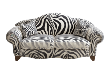 Unique zebra print couch creates a bold statement in modern living space with stylish decor and cozy pillows offering comfort and aesthetic appeal for any room arrangement