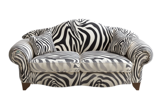 Unique zebra print couch creates a bold statement in modern living space with stylish decor and cozy pillows offering comfort and aesthetic appeal for any room arrangement