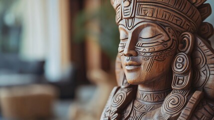 Close-up of intricately carved wooden statue, serene face, detailed ornaments