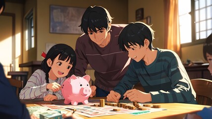 Family learning about financial literacy together playing a board game with a piggy bank