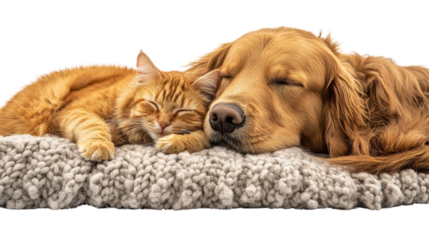 Cute Golden retriever puppy with orange cat, friendship animals, isolated on transparent background