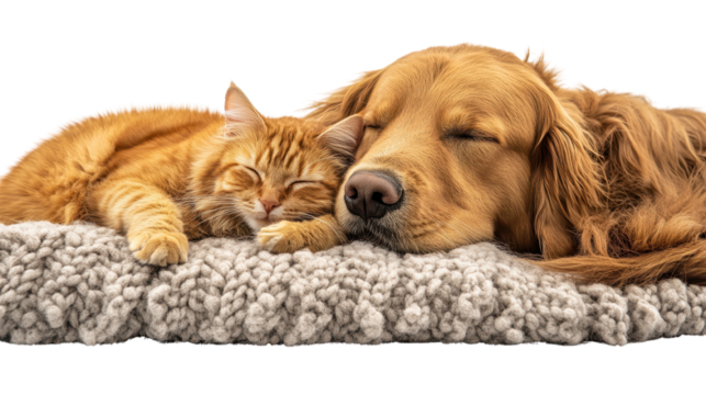 Cute Golden retriever puppy with orange cat, friendship animals, isolated on transparent background