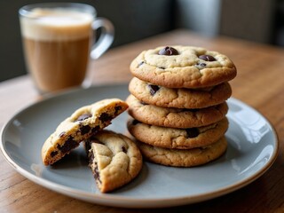 Frisch gebackene Schokoladenkekse auf Teller mit Kaffee  serviert