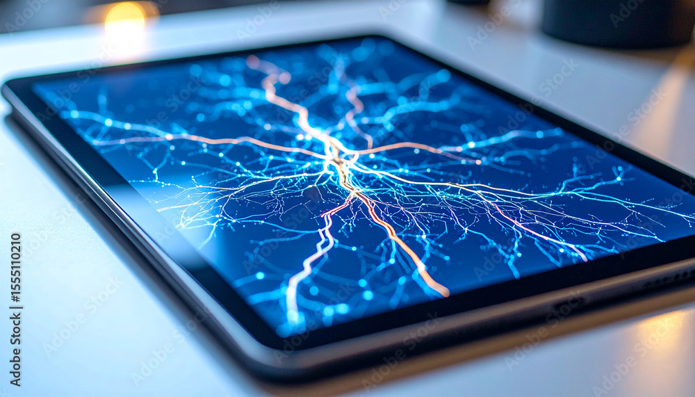 Poster digital brain interface: a modern tablet displays a captivating visual representation of neural netw