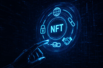 Obraz premium Robotic Hand Interacting with Virtual NFT Interface in Digital Space