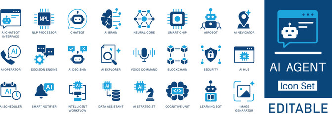 AI Agent and Chatbot solid icon set. Contains icons as NLP, Neural Core, AI Robot, and Decision Engine. Flat vector symbols for artificial intelligence, machine learning, and automation.