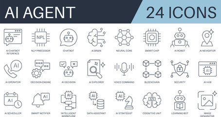 Fototapeta premium AI Agent icon set in outline style. Includes chatbot, AI brain, neural core, smart chip, cognitive unit, and more.