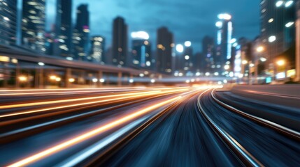 Blurry cityscape highway at night.  Fast-moving lights streak across the road