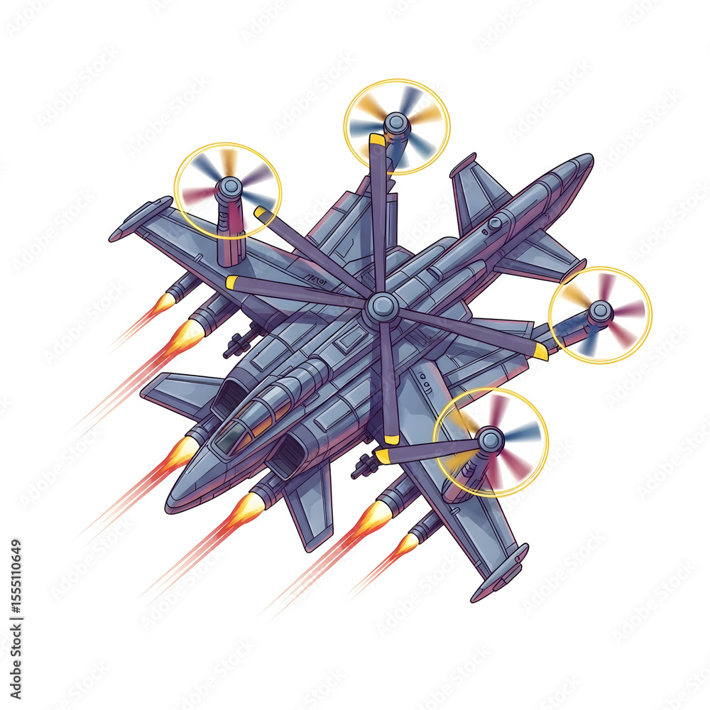 Poster aerial view of a futuristic military aircraft with multiple propellers and firing missiles against a