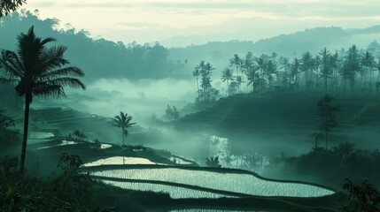 Misty Terrace Fields: Captured in the cool embrace of the dawn, verdant terraced fields cascade down gentle slopes, shrouded in an ethereal mist. The scene embodies the serenity of nature.