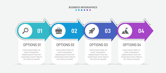 Horizontal progress bar featuring 4 arrow-shaped elements, symbolizing the four stages of business strategy and progression. Clean timeline infographic design template. Vector for presentation