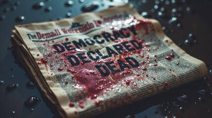 Fictional Concept: Newspaper Headline “Democracy Declared Dead” — A Soaked, Crumpled Newspaper with Bold Letters Symbolizing the Collapse of Democratic Ideals