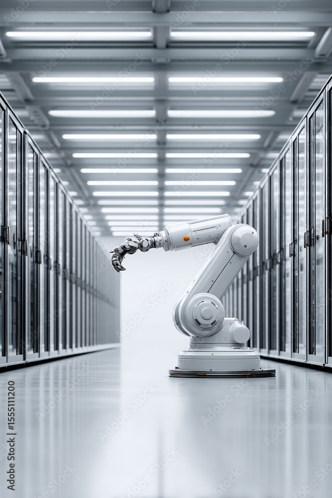 Poster modern robotic arm in a server room. automation concept, technology, and data processing. futuristic