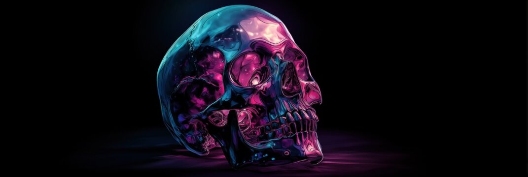 gradient neon pink skull on dark settings. Banner With Copy Space