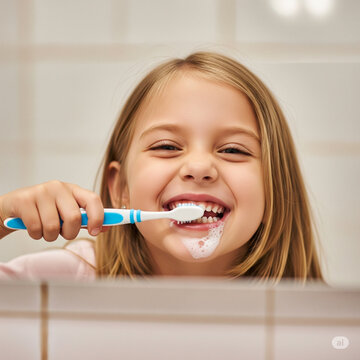 close up of a happy girl brushing teeth before the bathroom mirror for dental health and wellness, a morning routine for oral self care