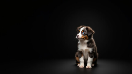 Australian Shepherd Puppy with Heterochromia in Absolute Darkness with Space for Text