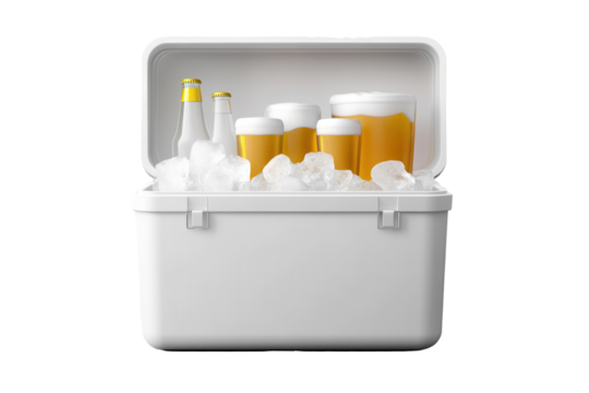 White foam plastic cooler box filled with ice and various bottled and canned beverages for outdoor gatherings and events