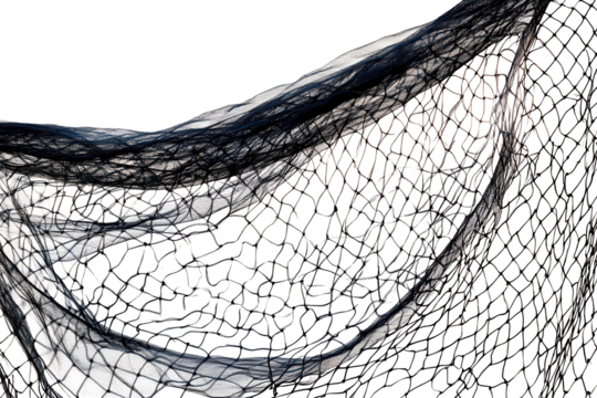 Fishing net designed for catching fish, isolated on a transparent background showcasing intricate mesh details and elegant curves used in various fishing activities