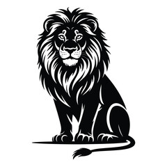Obraz premium Sitting lion silhouette with long mane on isolated black and white background