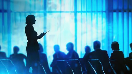 Silhouette of a woman giving a presentation to an audience in a blue lit conference room setting