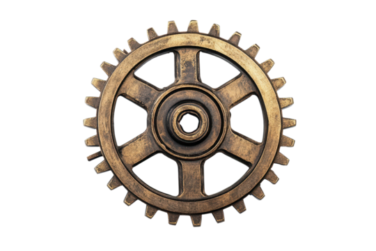 Intricate gear wheel isolated with a transparent background showcasing detailed craftsmanship and mechanical design elements