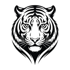 Obraz premium Tribal tattoo style tiger head silhouette vector with bold lines and textured details on black and white background