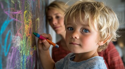 Toddler boy drawing on chalkboard with mother watching