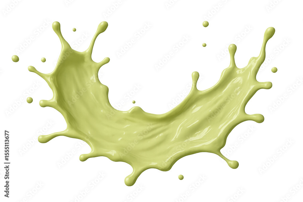 Poster green liquid curving dynamically, splashing with fluid motion, forming abstract shape on transparent