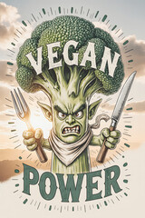 This bold illustration features an angry, muscular broccoli character wielding a fork and knife, proclaiming "Vegan Power" against a vibrant sunset, embodying plant-based strength