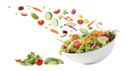  Fresh mixed vegetables falling into a bowl of sala isolated on a white background PNG.AI GENERATED 