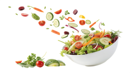  Fresh mixed vegetables falling into a bowl of sala isolated on a white background PNG.AI GENERATED 