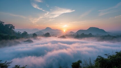 Obraz premium Sunrise over misty mountains and lush green trees at dawn, serene and tranquil landscape.