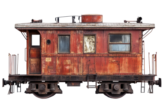 Caboose stands alone against a clear background showcasing rustic charm and vintage design details