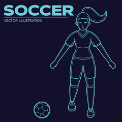 Vector Illustration of a Female Soccer Player in Teal Outline with a Ball Standing on a Dark Blue Background Ready to Play the Game
