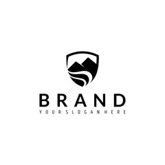 mountain logo with waves in shield frame flat design style