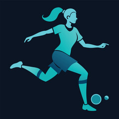 Female Soccer Player Dribbling the Ball Vector Illustration in Blue Tones Sporty Woman in Action Isolated on Dark Background Sports Graphic for Design
