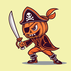 Pirate pumpkin mascot character, 2D detailed cartoon illustration, Retro cartoon pumpkin, Groovy mascot, Groovy style vector illustration, Vector art, Cartoon character mascot illustration