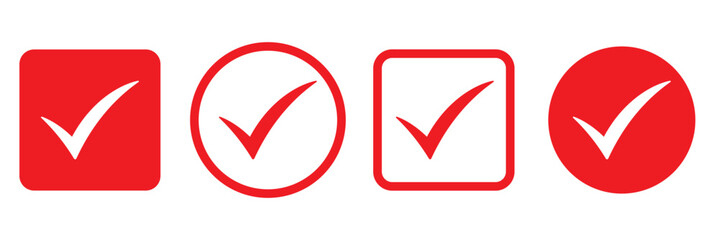 Red check mark icon. Verified badge, verification symbol set. Check mark illustration on white background. Red check mark icon and Approved, Accept icon. vector illustration