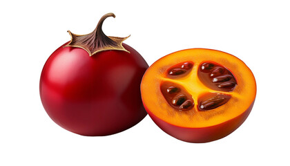 Tamarillo ganz und aufgeschnitten auf transparentem Hintergrund