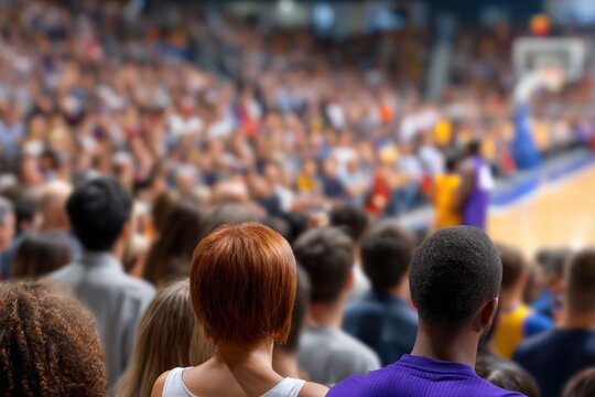 Crowd views a basketball game focus on redhaired woman and man in purple shirt in foreground