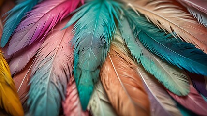Fototapeta premium Detailed closeup of multicolored feathers with soft natural light
