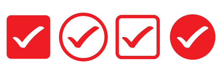 Red check mark icon. Verified badge, verification symbol set. Check mark illustration on white background. Red check mark icon and Approved, Accept icon. vector illustration