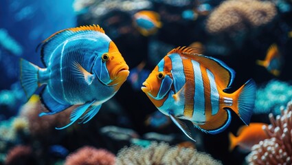 Fototapeta premium Two colorful fish facing each other in an underwater scene with coral and rocks, showcasing marine life and aquatic environment.